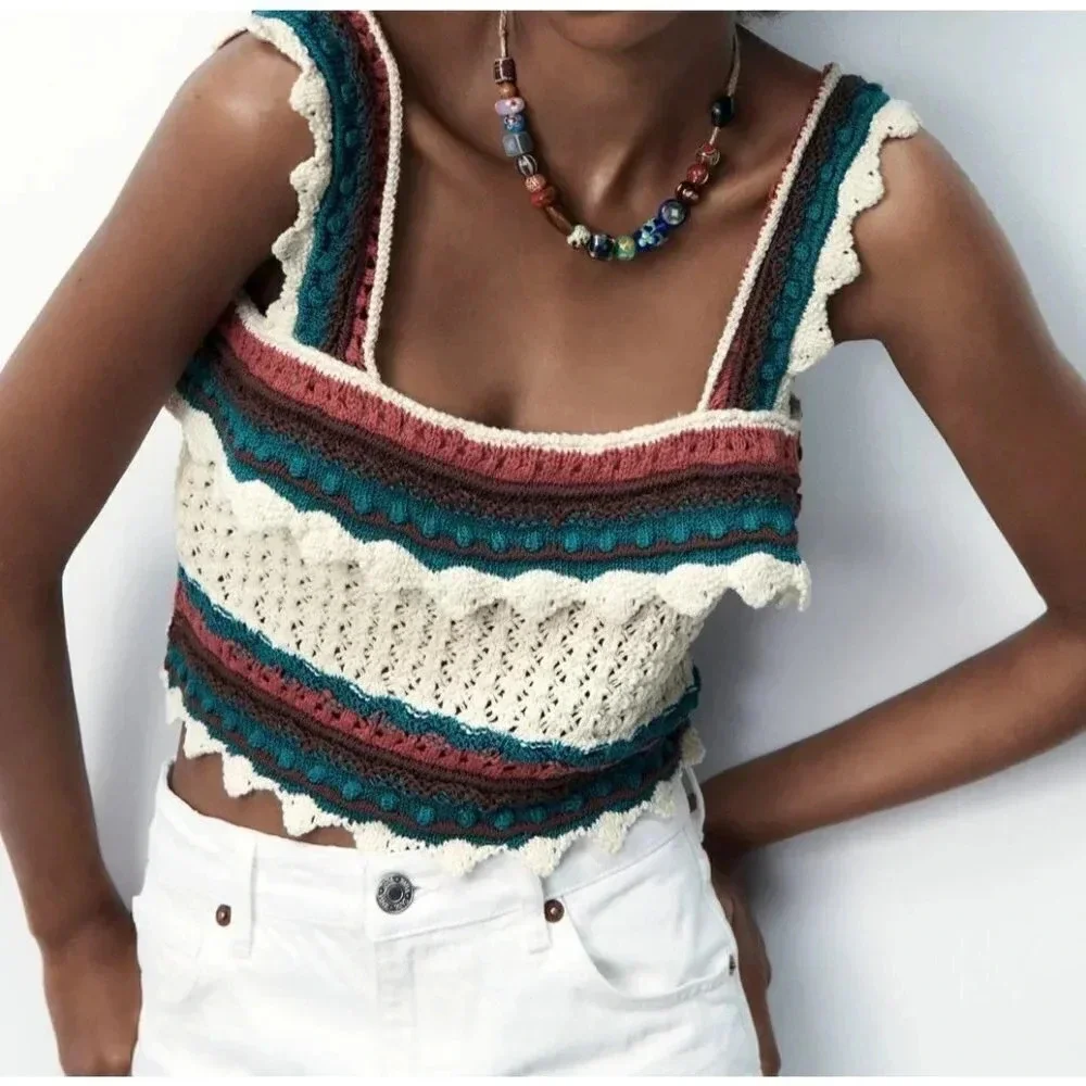 Zara Top Women’s Small Knit Multicolor Crochet Ruffle Crop